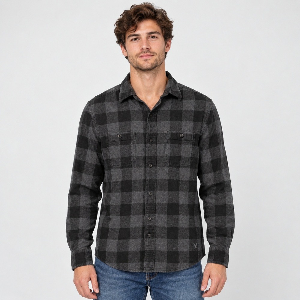 American Eagle Heritage Flannel Shirt Mens M Grey Black Buffalo Plaid Cotton